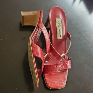 Brighton Red Croc-Embossed Slingback Heels with Wood-Tone Block Heel
